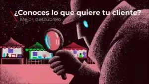 Ilustración conceptual de una figura con lupa observando un mercado, representando el análisis profundo del comportamiento del consumidor en la investigación de mercado moderna.