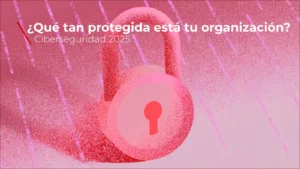 Imagen conceptual de ciberseguridad en tonos rosados y rojizos. Un candado representa la protección digital, mientras líneas diagonales simulan amenazas invisibles. El texto “Riesgos invisibles, impactos reales – Ciberseguridad 2025” destaca la importancia de anticipar amenazas emergentes en el entorno digital.