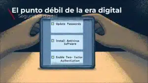 Ilustración de una persona sosteniendo una tablet que muestra recomendaciones básicas de seguridad digital, como actualizar contraseñas, instalar antivirus y activar la autenticación en dos pasos, destacando prácticas esenciales contra ciberamenazas en la era digital.