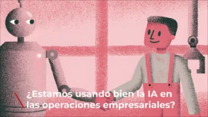 Un robot y un trabajador humano se dan la mano en una fábrica, representando el equilibrio entre inteligencia artificial y talento humano en las operaciones empresariales. Predominan los tonos rosados y rojizos.